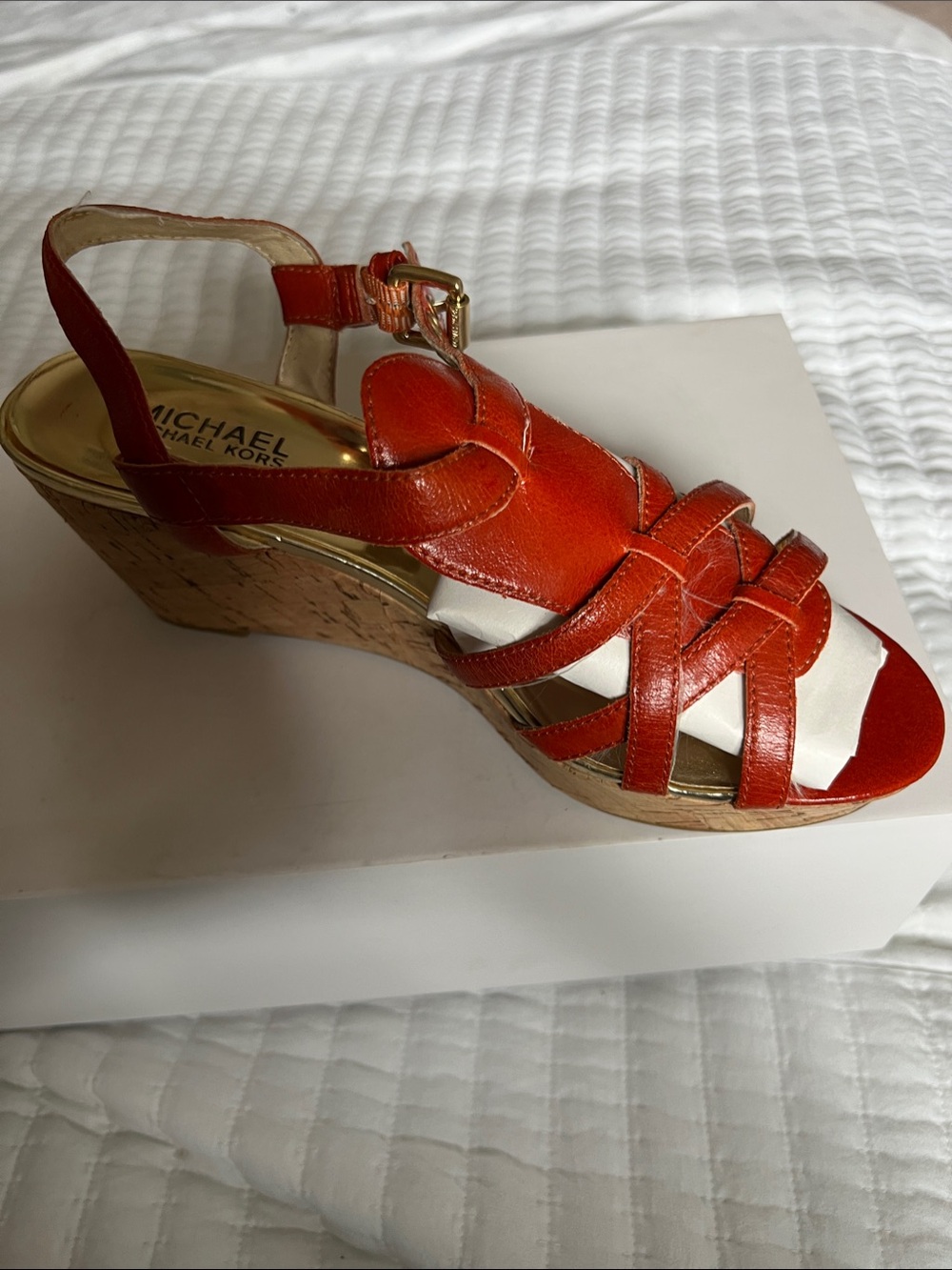 Michael Kors Red Leather Woven Slingback Wedge
